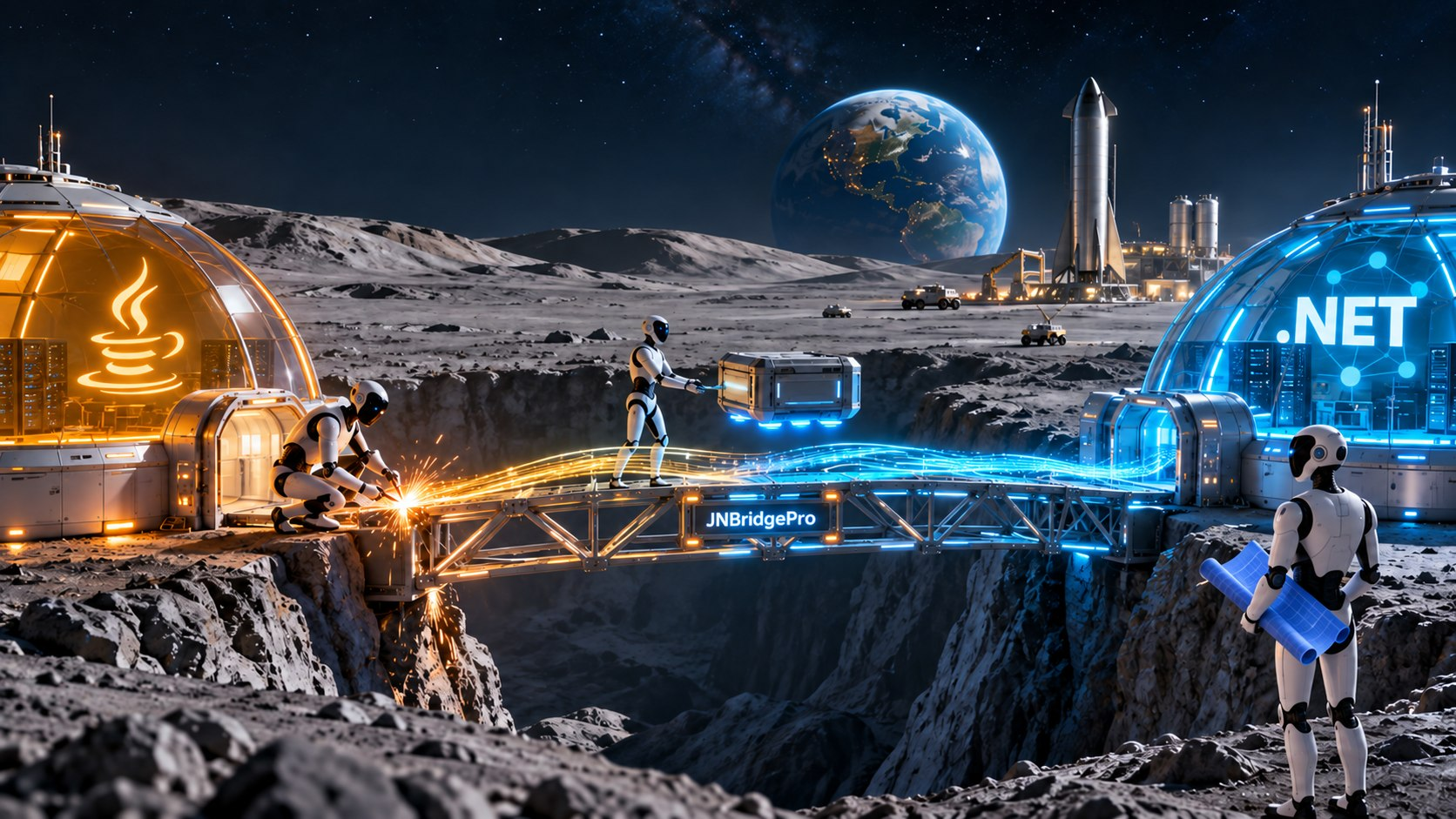 Playful lunar illustration of robots building a JNBridgePro bridge between Java and .NET bases, with Earth and a rocket in the background.