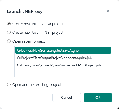 The Launch JNBProxy dialog with Create new .NET to Java project selected