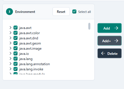 The Environment panel with Select all checked and the Add+ button
