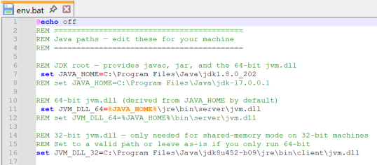 env.bat with JAVA_HOME and JVM_DLL_64 settings