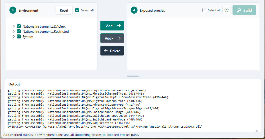 The Environment tree loaded with all NI-DAQmx classes and Select all checked