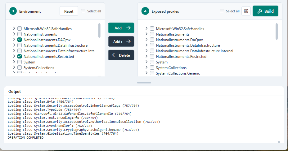 Environment and Exposed proxies panes after Add+, showing 764 classes