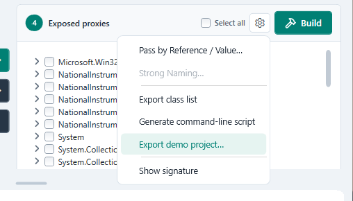 Export demo project command in the Exposed proxies gear menu