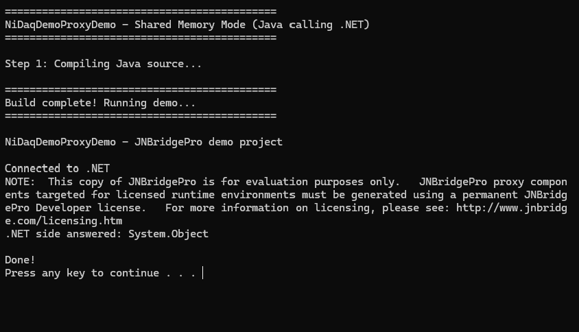 Console output of the exported stub proving the bridge: .NET side answered System.Object